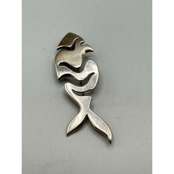 Vintage Sterling Silver Fish Pin Brooch Mexico 925 Cutout Modernist Fish Jewelry - Picture 3 of 8